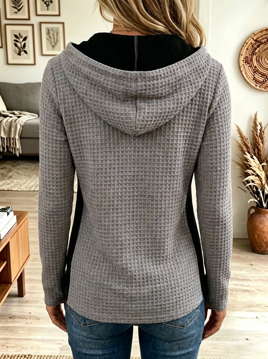 Waffle Knit Colorblock Button Henley Hooded Sweatshirt 2