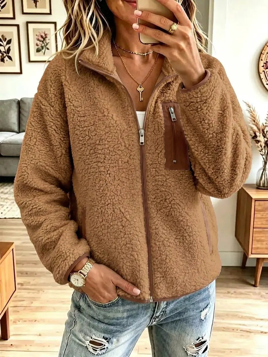 Stand Collar Teddy Fleece Zip-Front Pocket Jacket 4