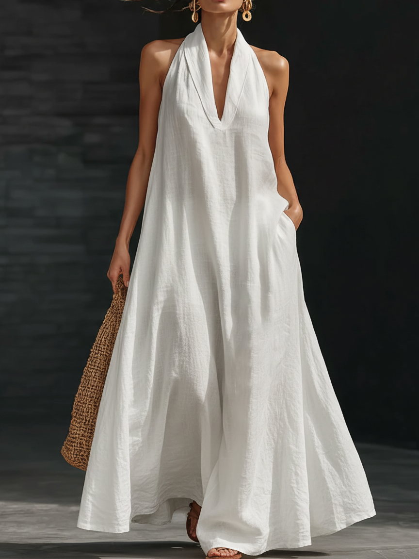 Halter Neck Deep V Sleeveless Flowy A-Line Maxi Dress