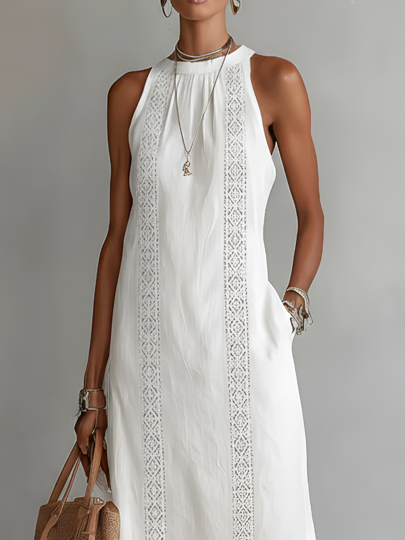 Mock Neck Crochet Trim Side Slit Column Midi Dress 8