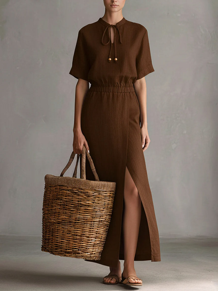 Tie Neck Keyhole Short Sleeve Linen High Slit Maxi Dress