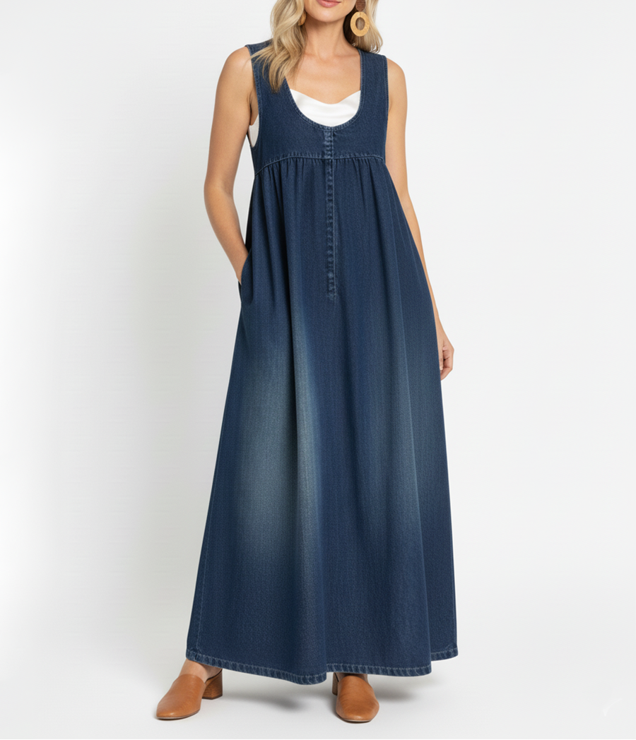 Blue Scoop Neck Sleeveless Washed Denim Empire Waist Flowy Maxi Dress 13
