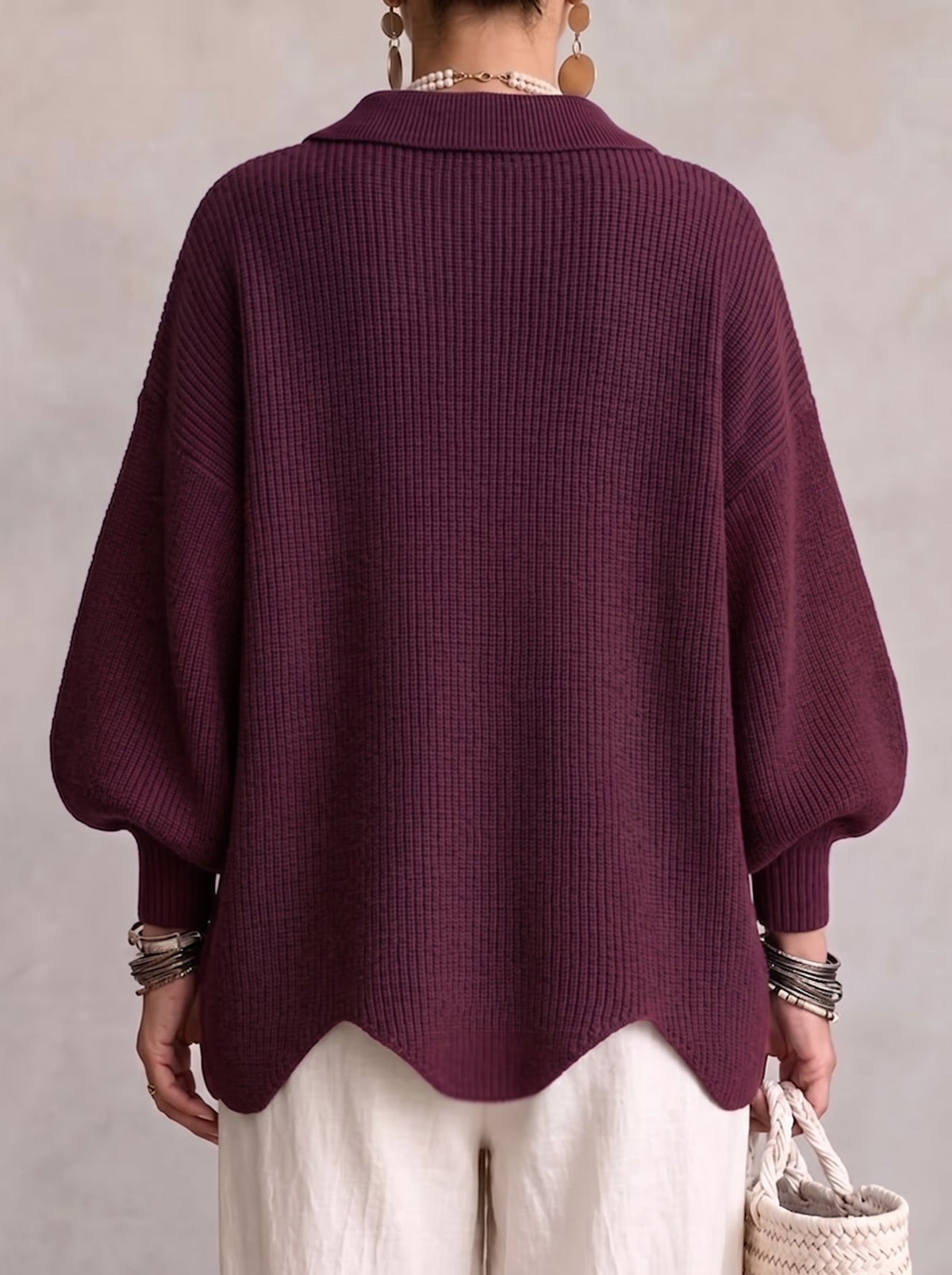 Collared Oversized Metal Button Balloon Sleeve Cardigan 4