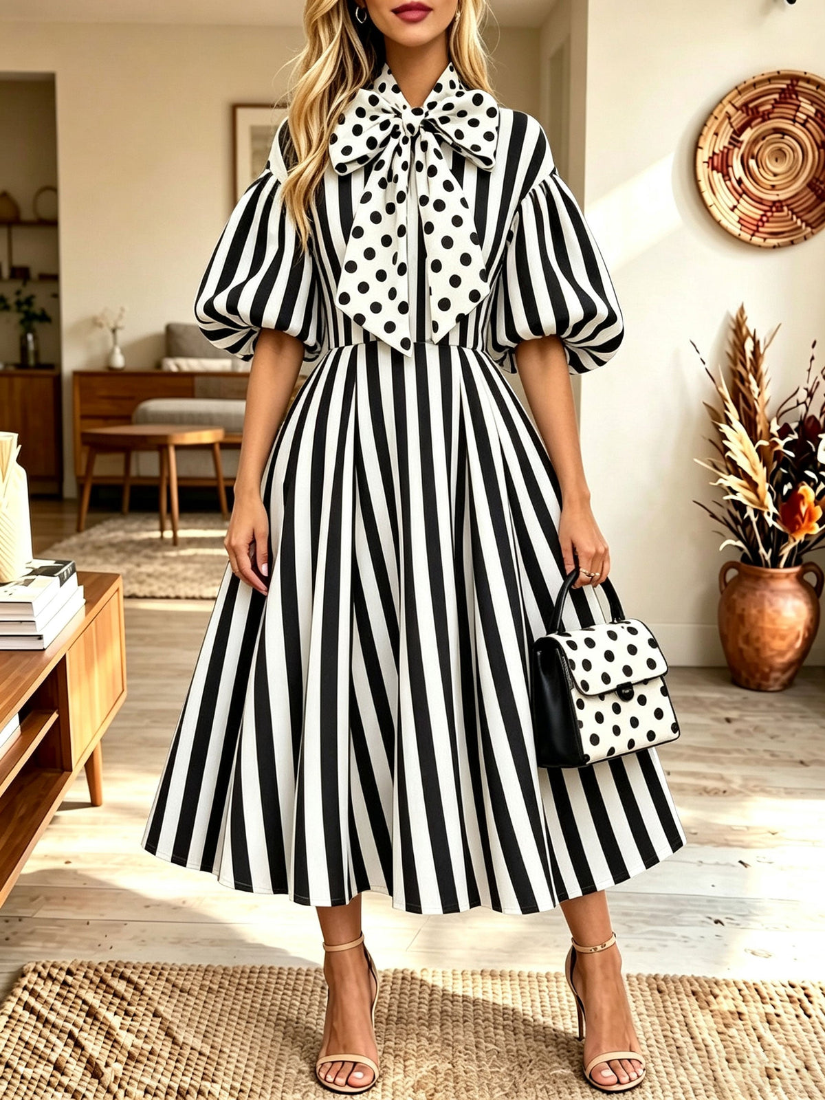 Black Polka Dot Bow Striped Puff Sleeve A-Line Midi Dress