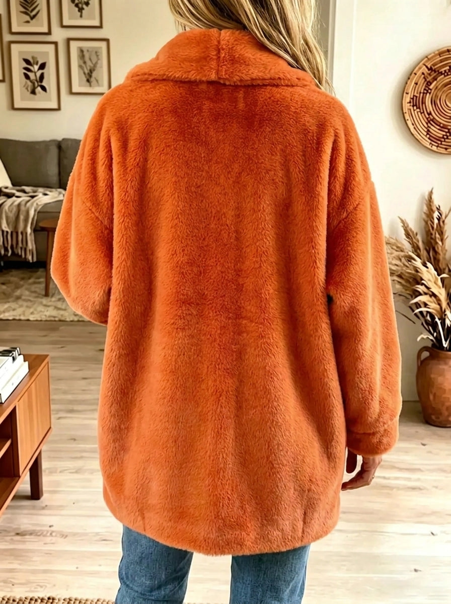 Orange V-Neck Asymmetric Button Wrap Fleece Cardigan 2