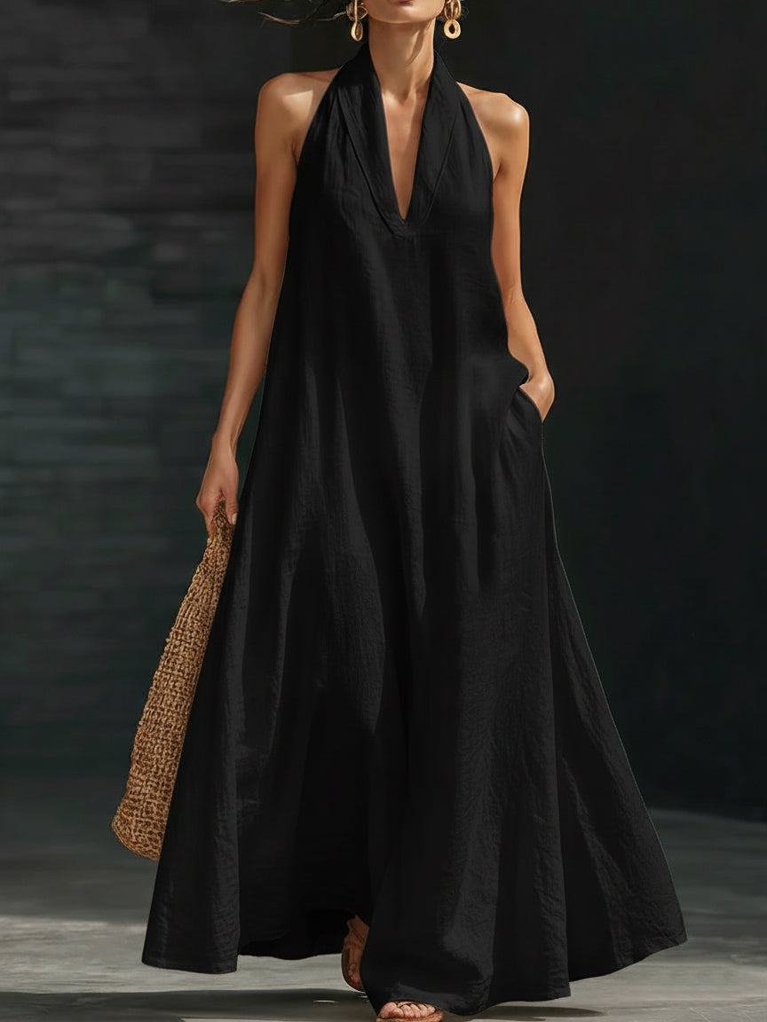 Halter Neck Deep V Sleeveless Flowy A-Line Maxi Dress 5