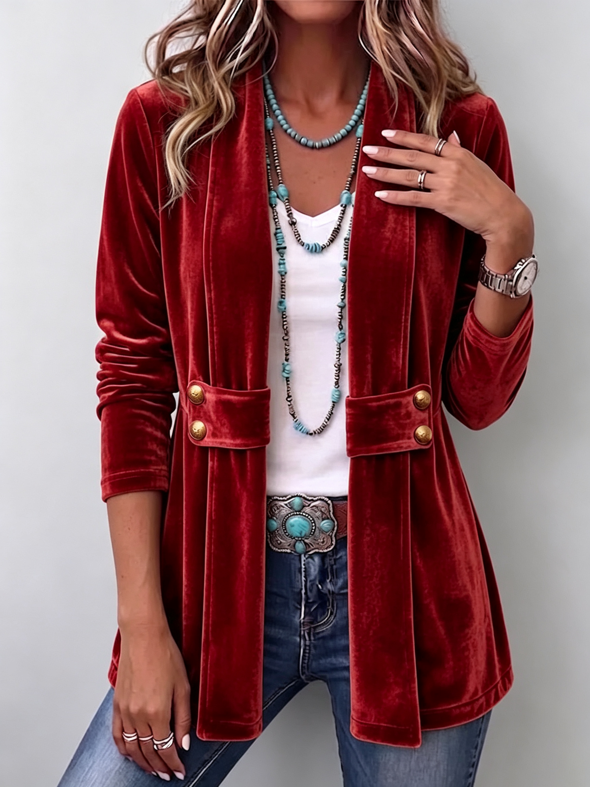 Lapel Collar Velvet Button Accent Open Front Jacket 8