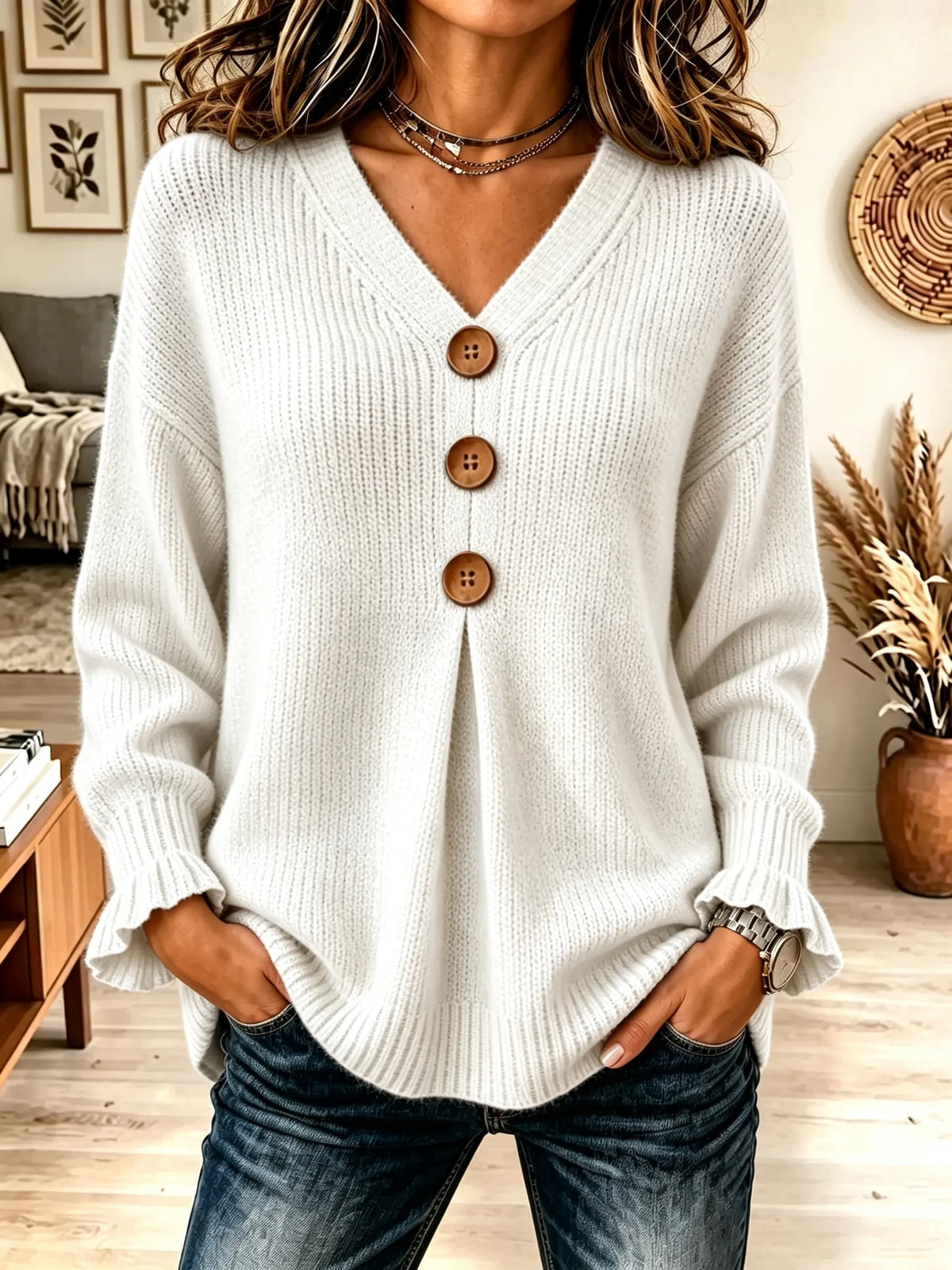 V-Neck Big Button Pleated Ruffle Cuff Knit Sweater 3