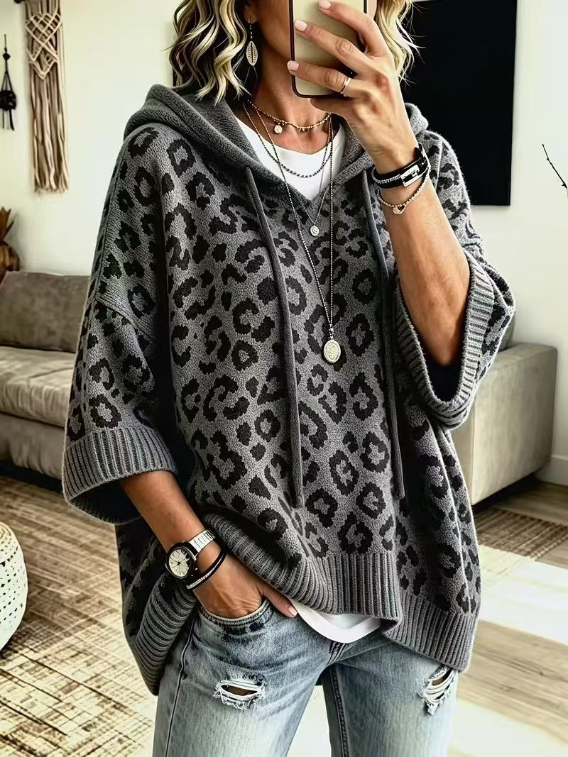 Hooded Leopard Print Drawstring Half Sleeve Knit Sweater