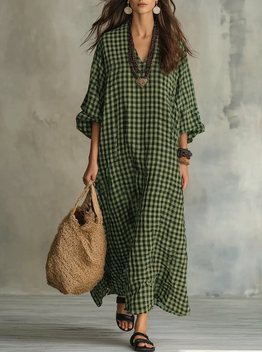 V-Neck Long Sleeve Gingham Check Linen Loose Maxi Dress 5