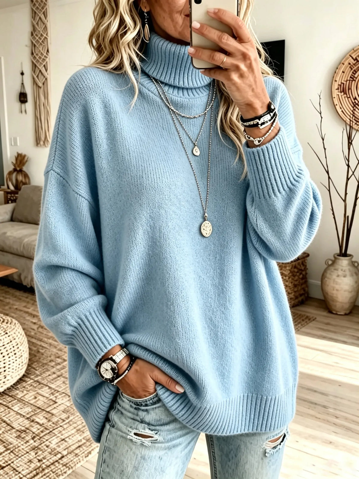 Turtleneck Ribbed Knit Long Sleeve Oversized Sweater 4