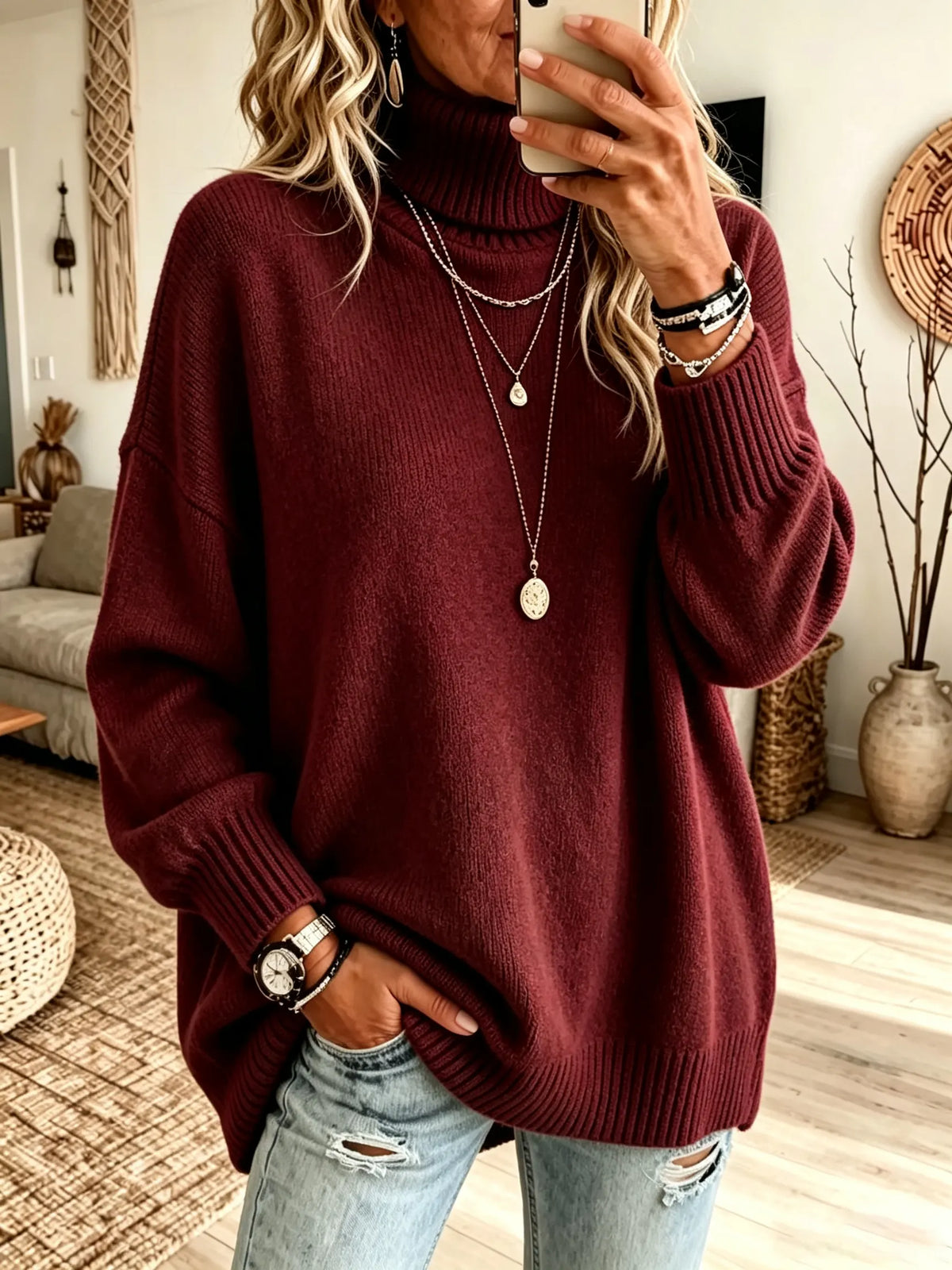 Turtleneck Ribbed Knit Long Sleeve Oversized Sweater 8