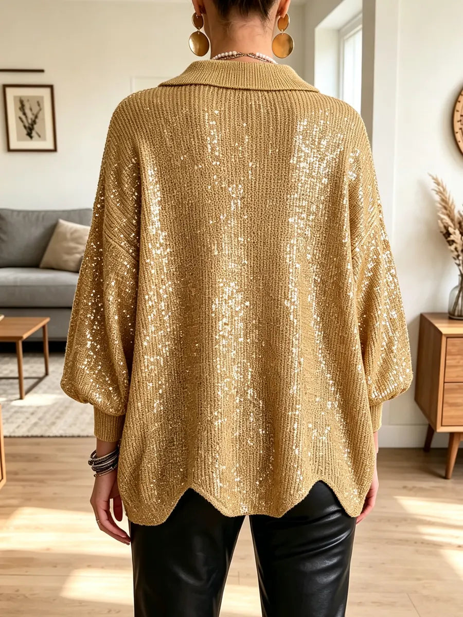 Yellow Collared Sequin Knit Big Button Balloon Sleeve Cardigan 3