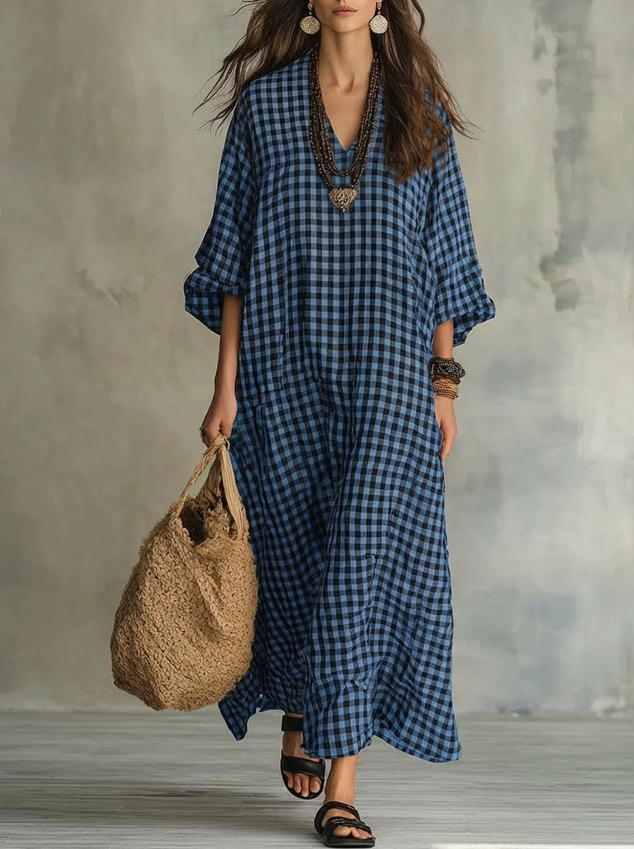 V-Neck Long Sleeve Gingham Check Linen Loose Maxi Dress 7