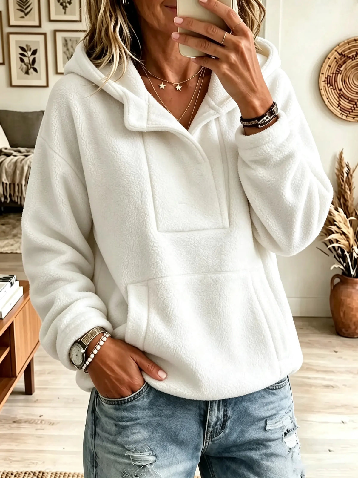 Hooded Half-Zip Kangaroo Pocket Teddy Fleece Pullover 3