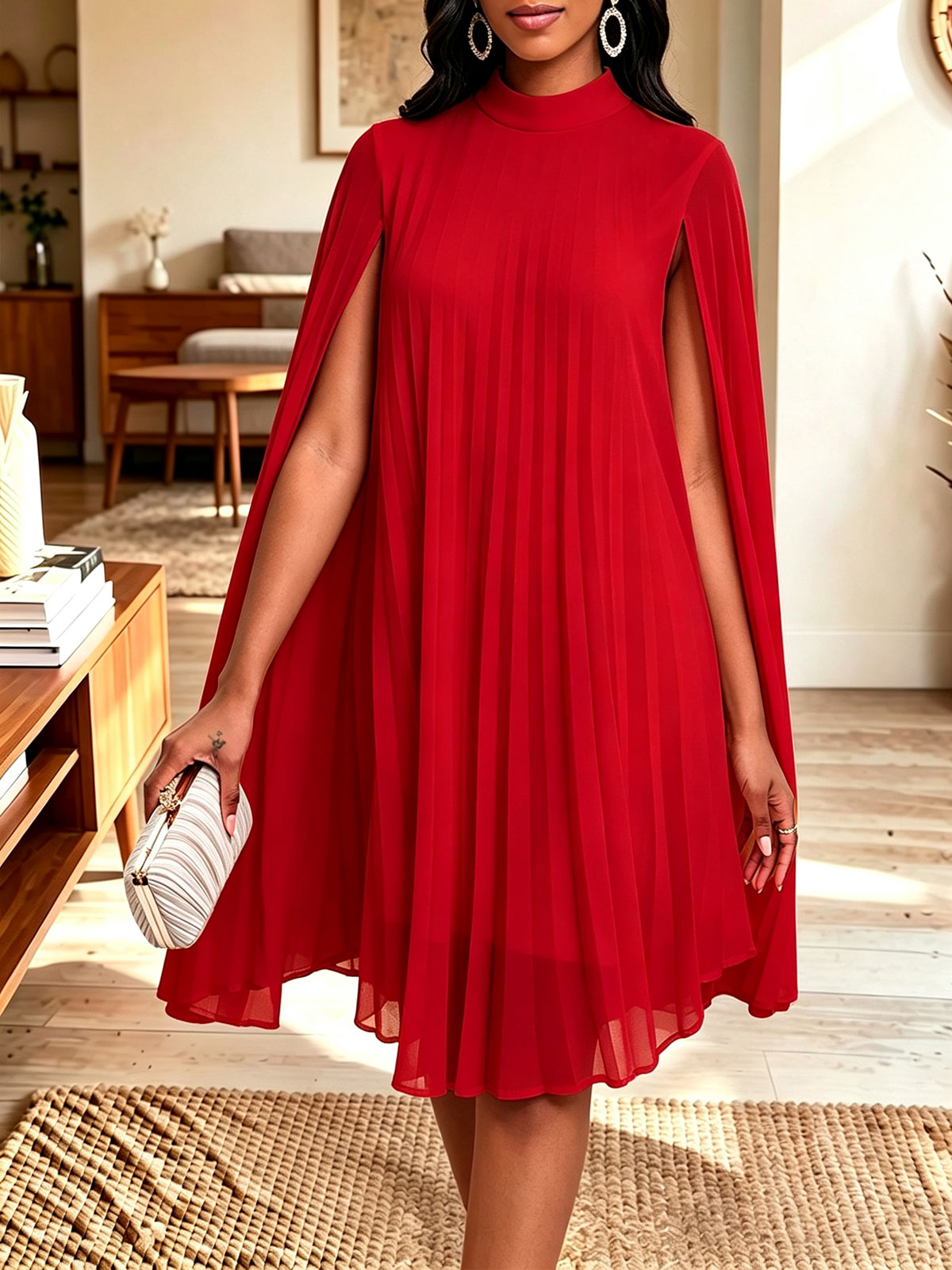 Mock Neck Cape Sleeve Pleated Chiffon Midi Dress 2