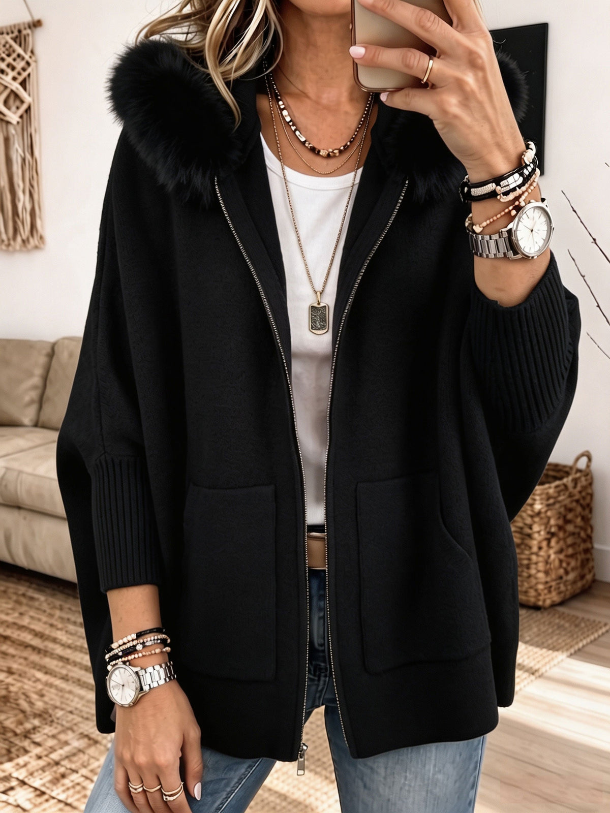 Faux Fur Hood Zip-Up Patch Pocket Oversized Knit Cardigan 3