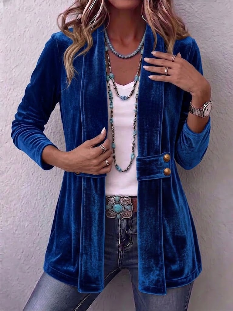 Lapel Collar Velvet Button Accent Open Front Jacket 5