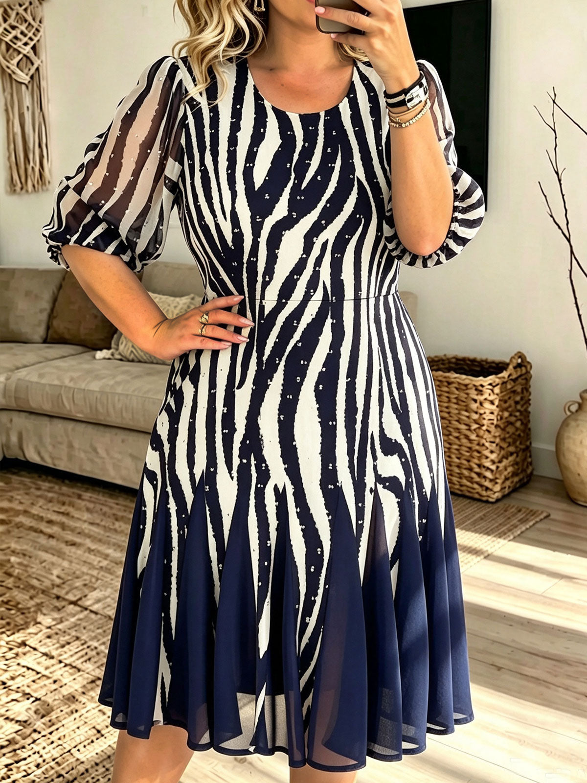 Blue Round Neck Zebra Print Puff Sleeve Flared Chiffon Midi Dress