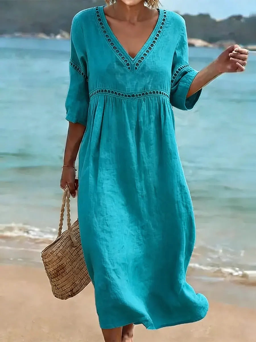 V-Neck Crochet Lace Trim Half Sleeve Loose Cotton Maxi Dress 6