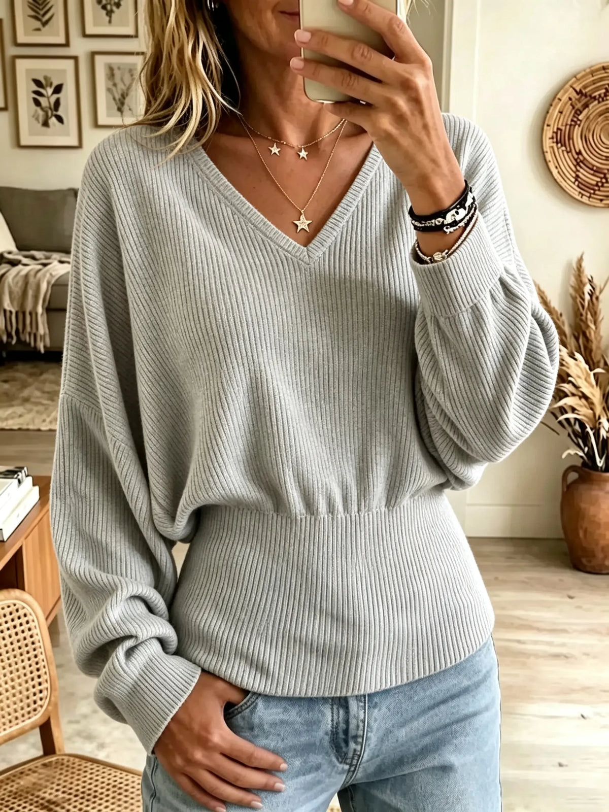 V-Neck Batwing Sleeve Ribbed Fitted Waist Knit Sweater