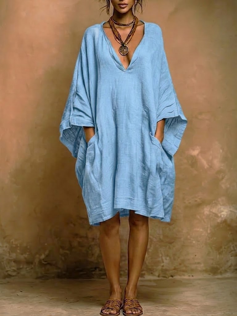 V-Neck Batwing Sleeve Oversized Linen Shift Midi Dress 2