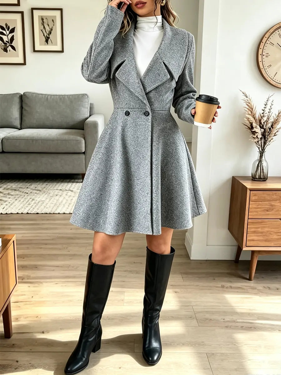 Notched Lapel Double Breasted Pleated Fit Flare Wool Coat 2