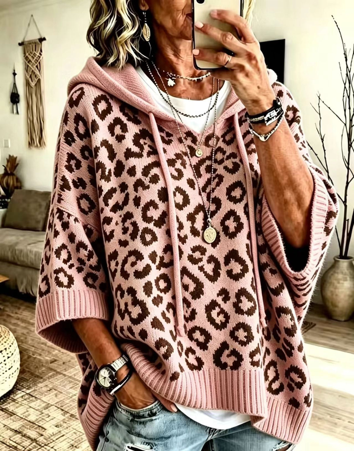 Hooded Leopard Print Drawstring Half Sleeve Knit Sweater 5