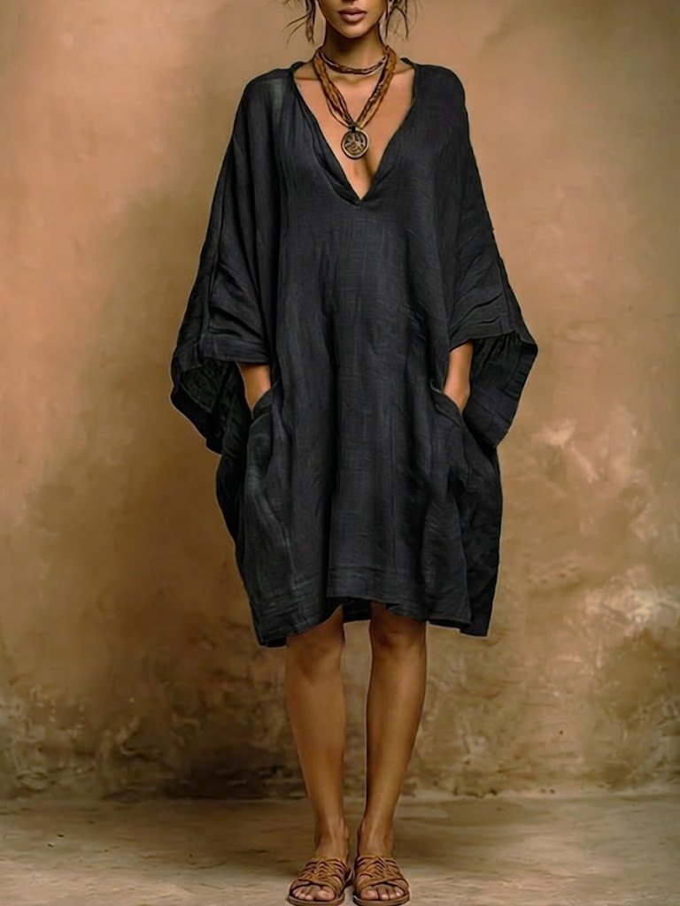 V-Neck Batwing Sleeve Oversized Linen Shift Midi Dress 3