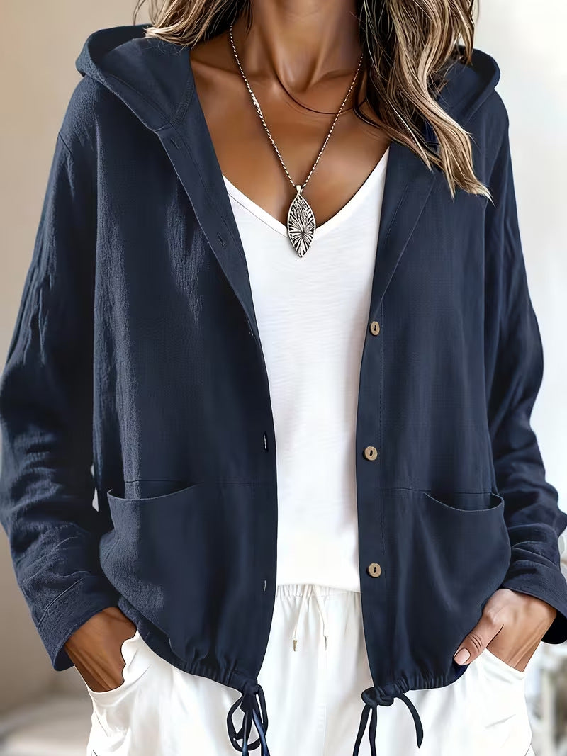 Hooded Button Front Drawstring Hem Patch Pocket Lightweight Jacket