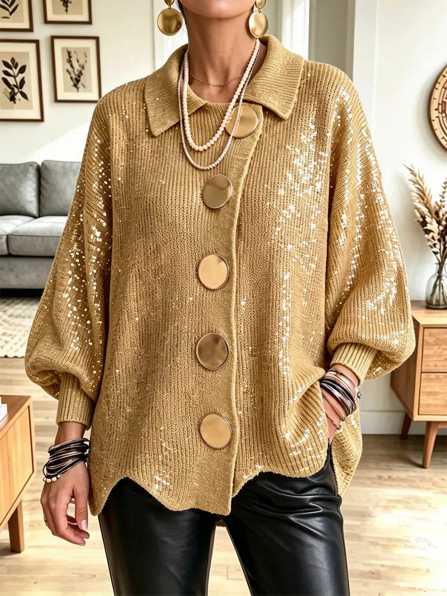 Yellow Collared Sequin Knit Big Button Balloon Sleeve Cardigan 2