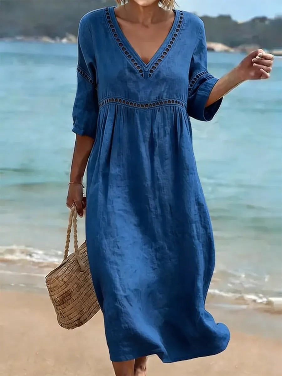 V-Neck Crochet Lace Trim Half Sleeve Loose Cotton Maxi Dress 5