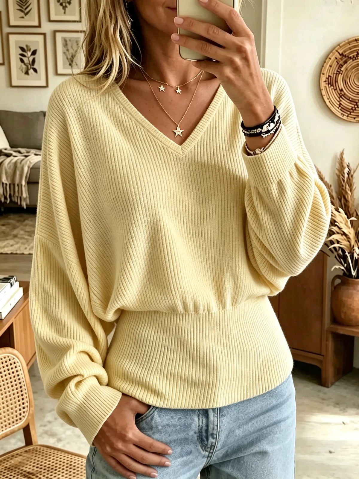 V-Neck Batwing Sleeve Ribbed Fitted Waist Knit Sweater 4