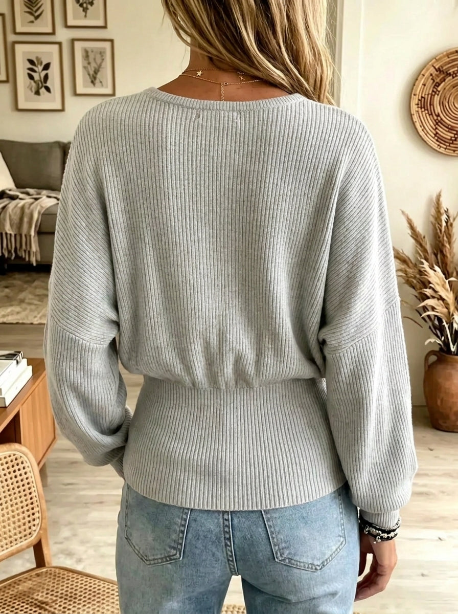 V-Neck Batwing Sleeve Ribbed Fitted Waist Knit Sweater 2