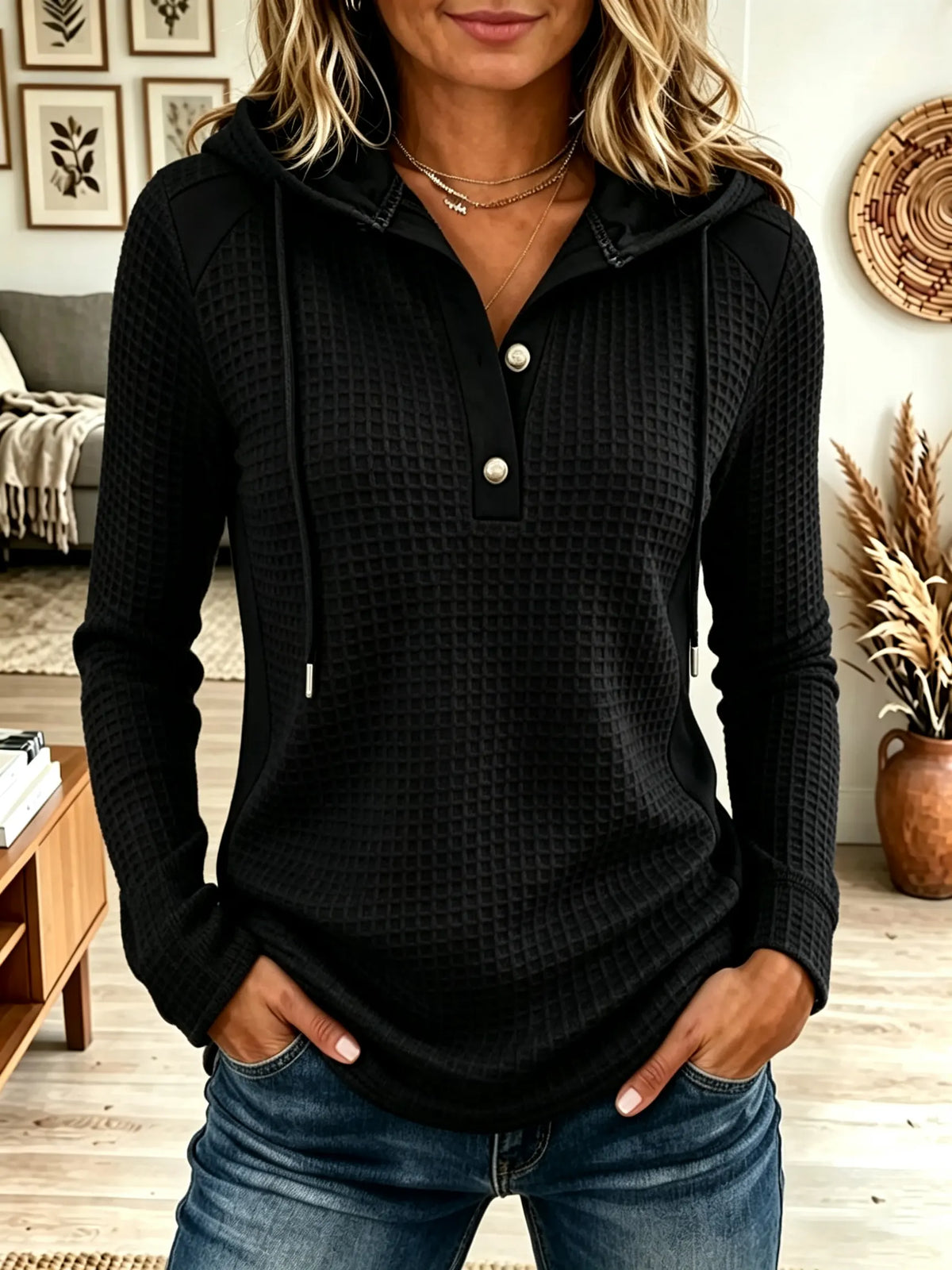 Waffle Knit Colorblock Button Henley Hooded Sweatshirt 8