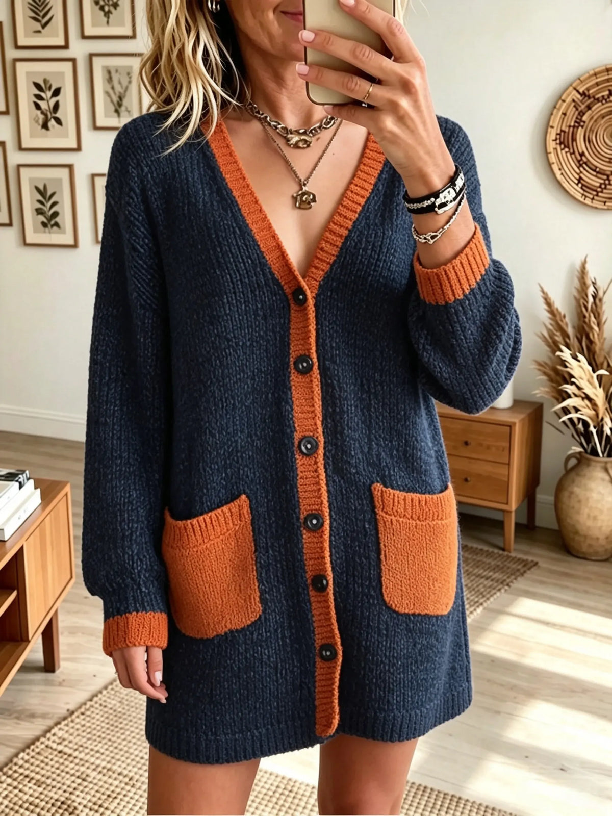 Navyblue V-Neck Contrast Trim Button Front Patch Pocket Knit Cardigan