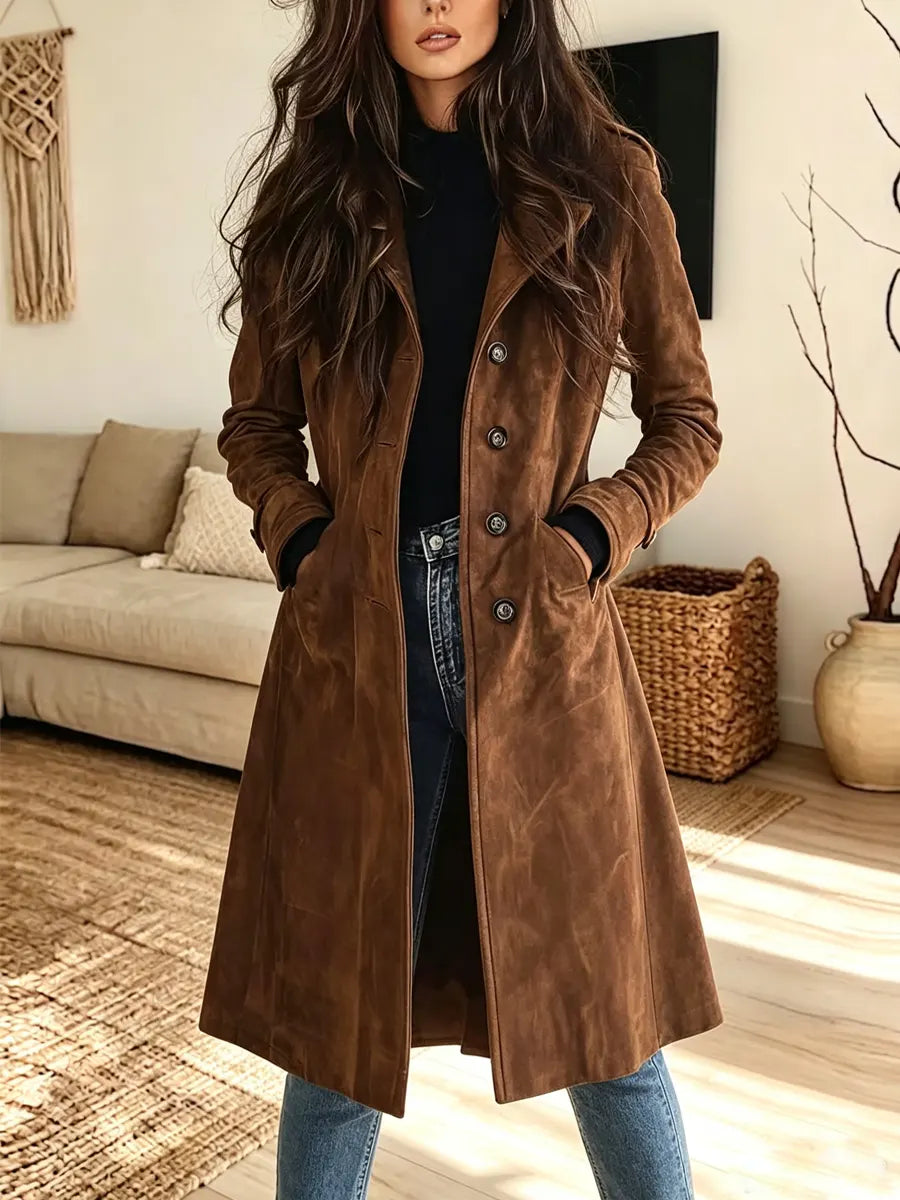 Stand Collar Button Front Suede Longline Coat 2