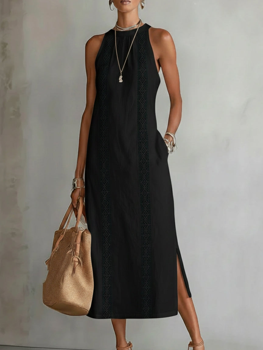 Mock Neck Crochet Lace Trim Sleeveless Side Slit Column Maxi Dress