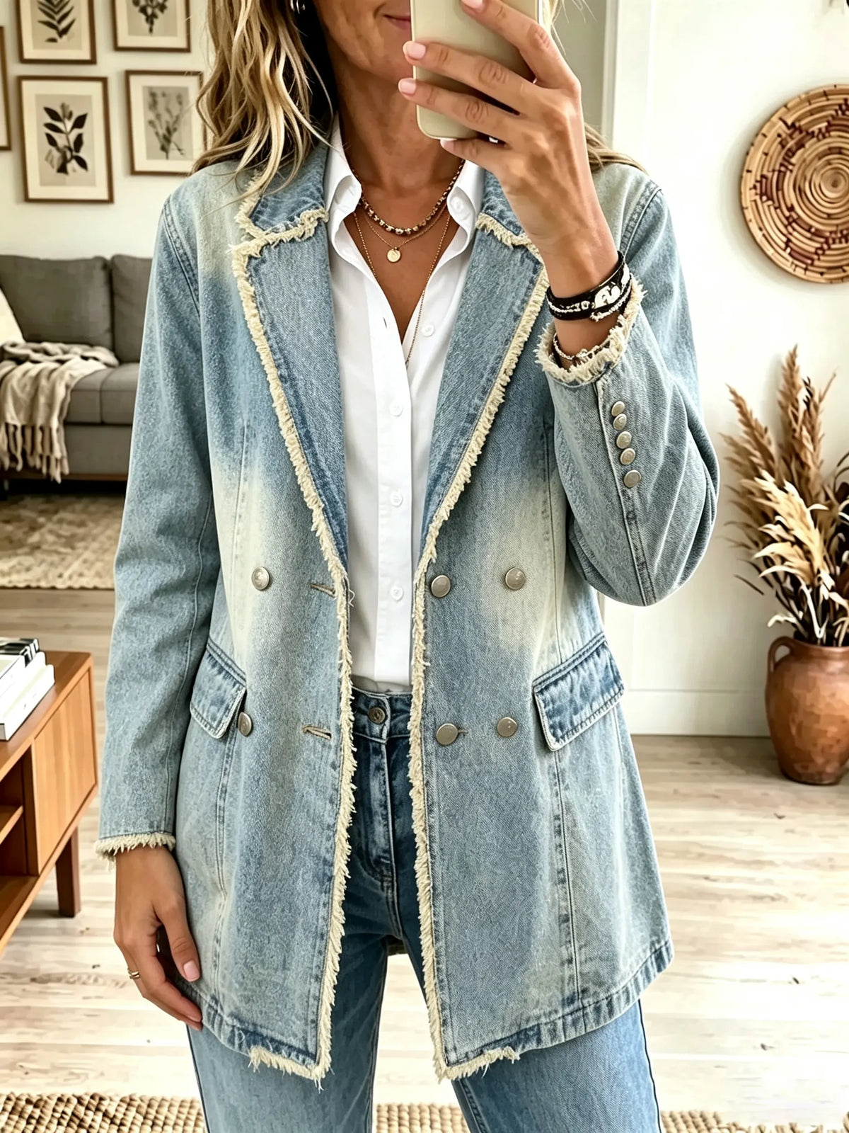 Blue Notched Lapel Frayed Edge Double Breasted Denim Blazer