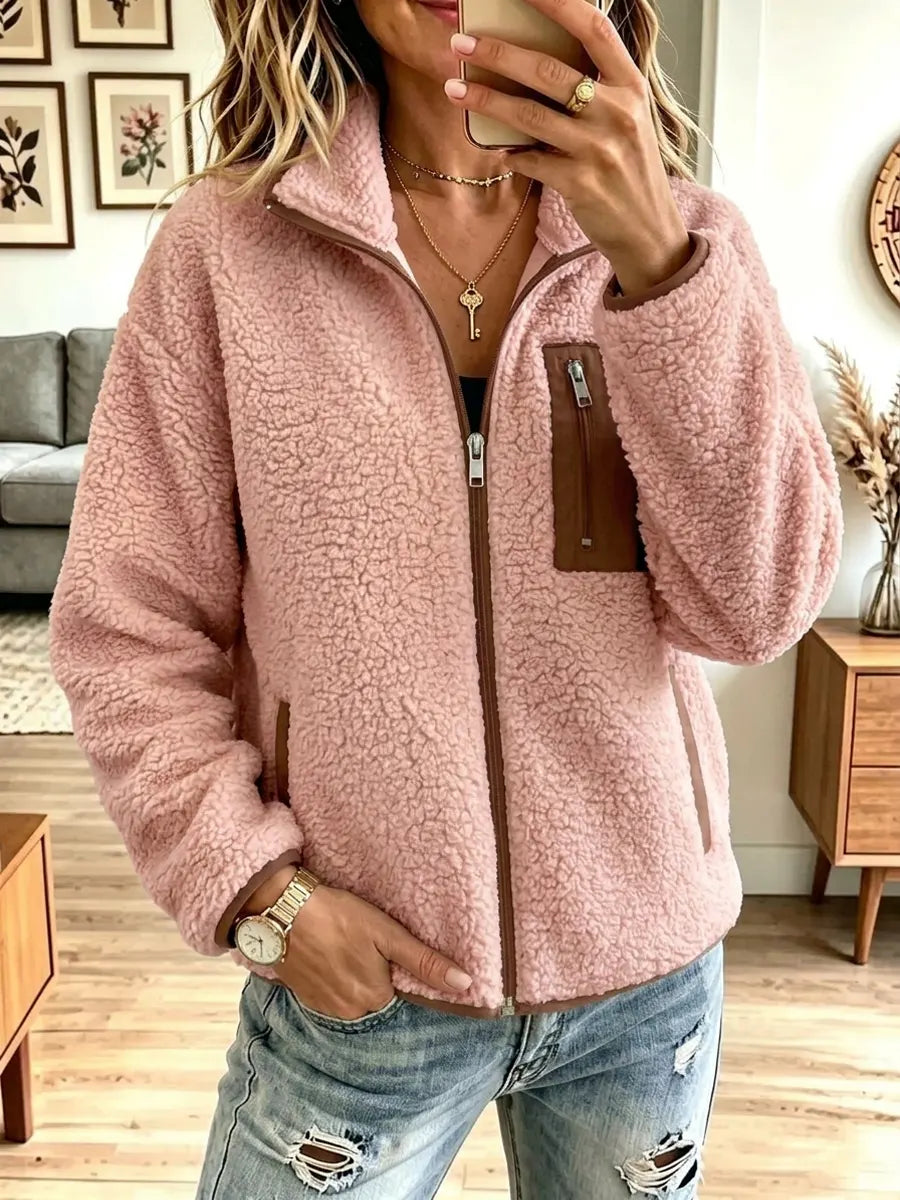 Stand Collar Teddy Fleece Zip-Front Pocket Jacket 3