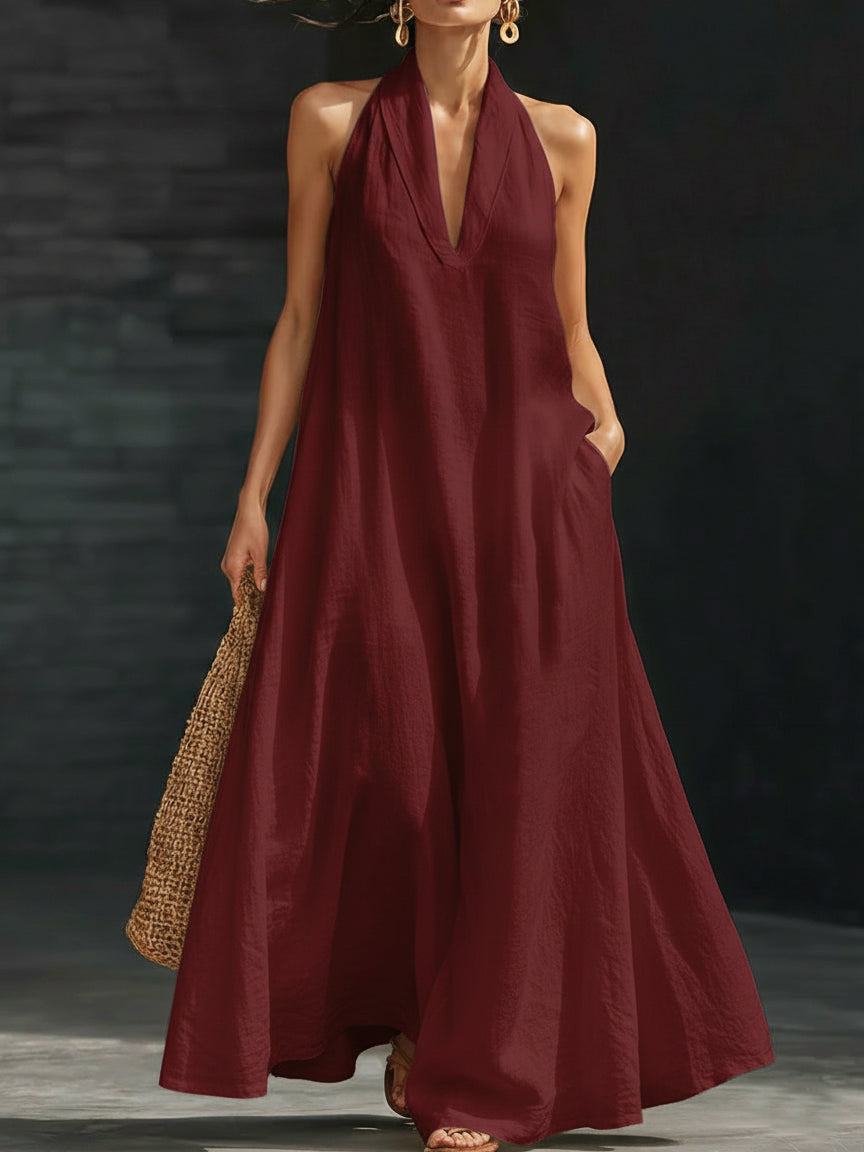Halter Neck Deep V Sleeveless Flowy A-Line Maxi Dress 3