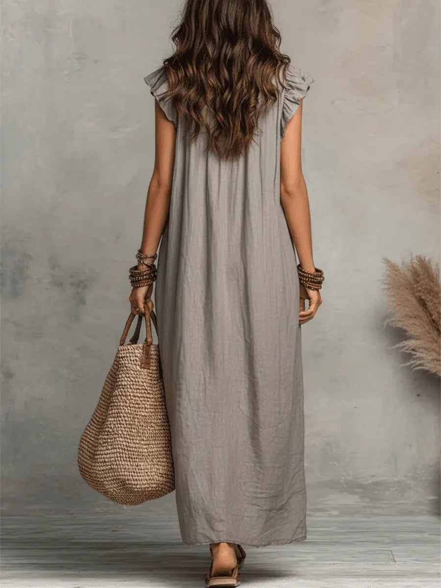 Ruffle V-Neck Flutter Sleeve Linen Relaxed Maxi Dress 14