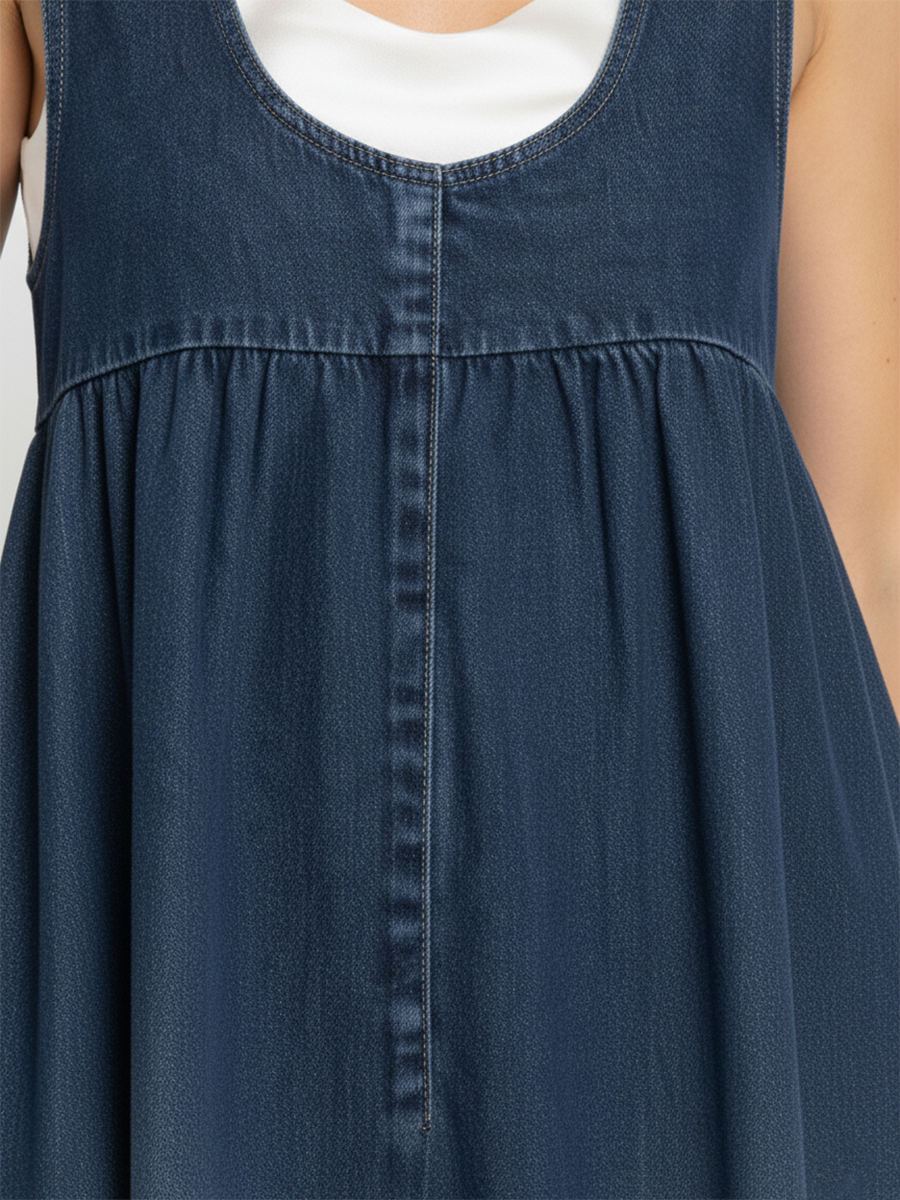 Blue Scoop Neck Sleeveless Washed Denim Empire Waist Flowy Maxi Dress 5