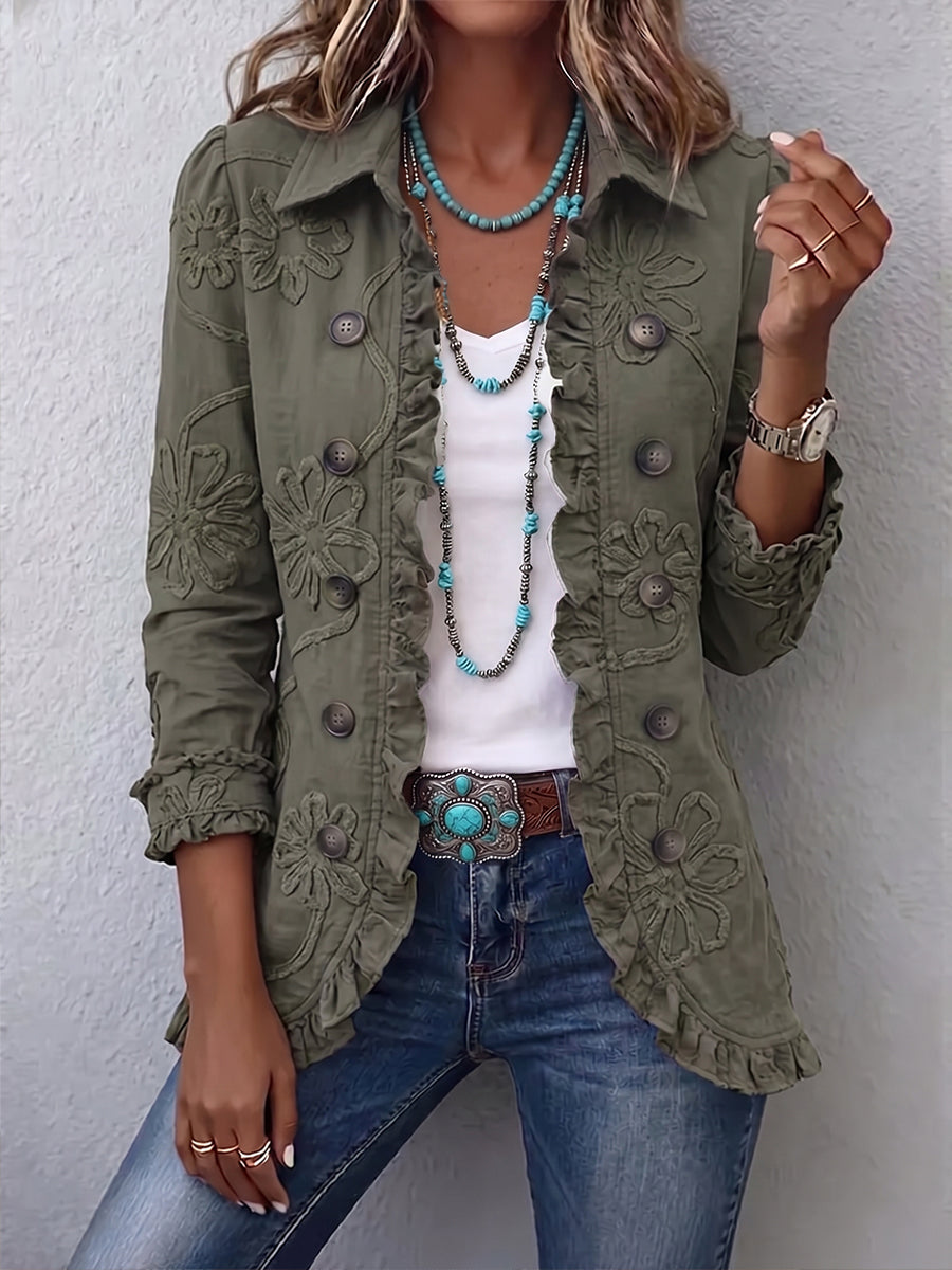 Retro Green Collared Floral Applique Ruffle Trim Button-Front Jacket