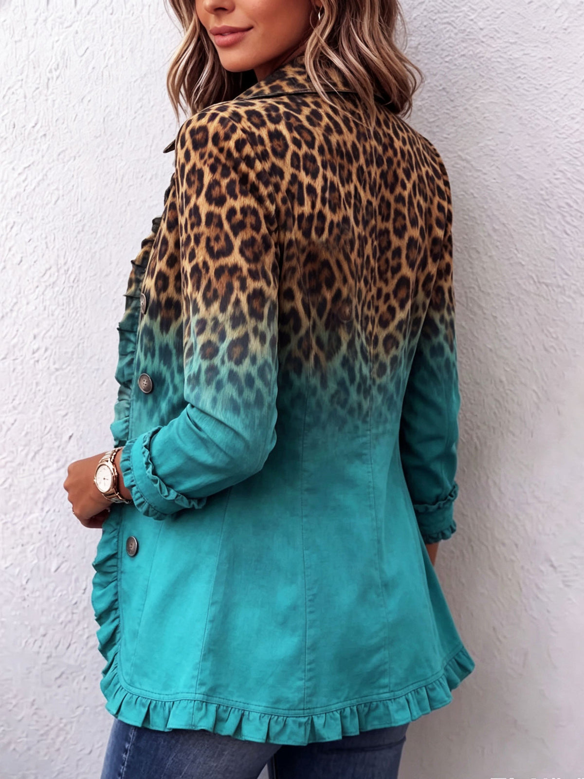 Lapel Collar Leopard Ombre Ruffle Trim Button Blazer 4
