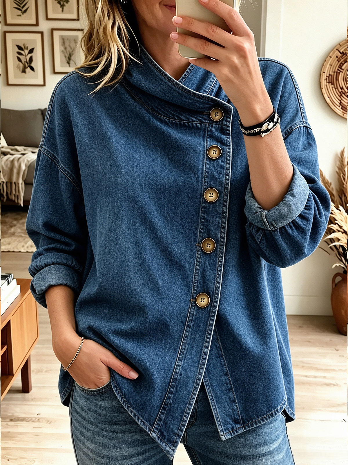 Blue Stand Collar Asymmetric Button Front Drop Shoulder Denim Jacket