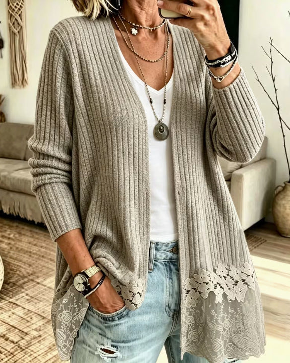 Khaki Open Front Lace Hem Ribbed Knit Longline Cardigan