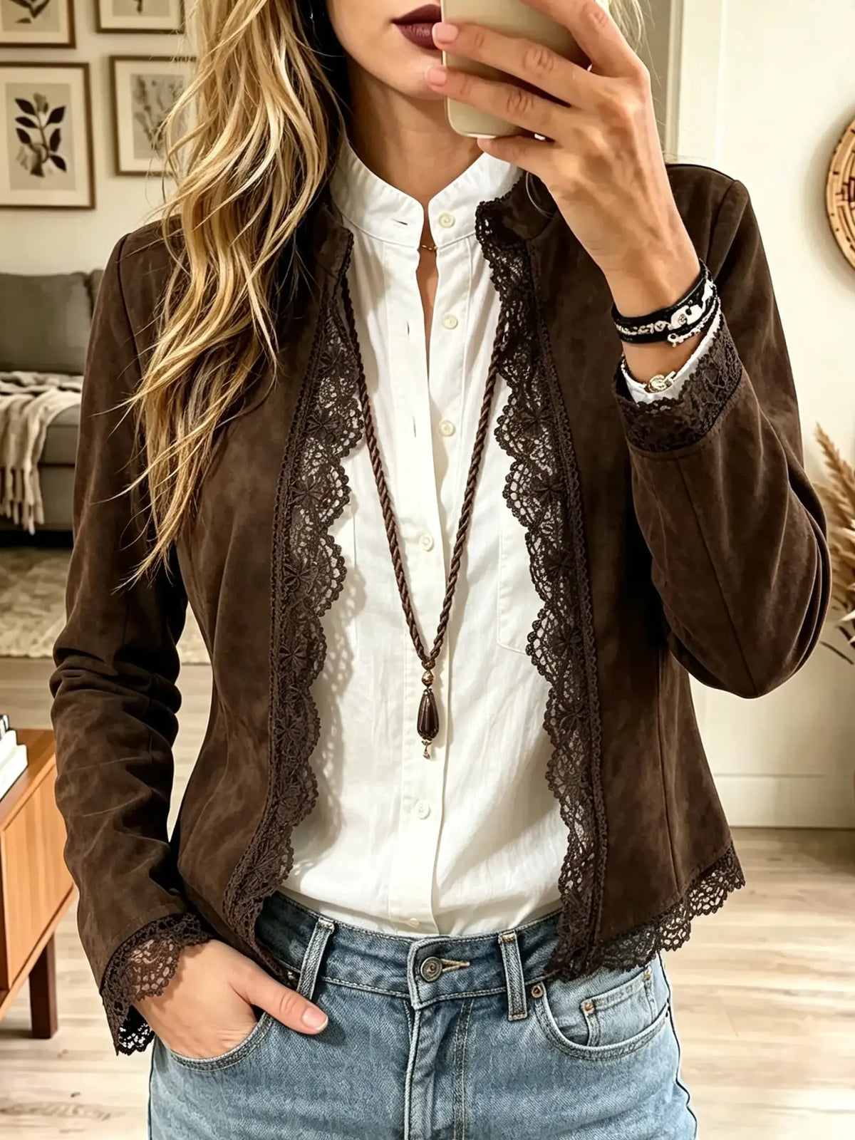 Brown Round Neck Scalloped Lace Trim Open Front Suede Jacket
