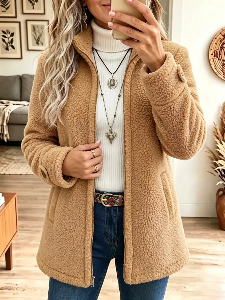 Stand Collar Zip Front Button Cuff Teddy Fleece Jacket