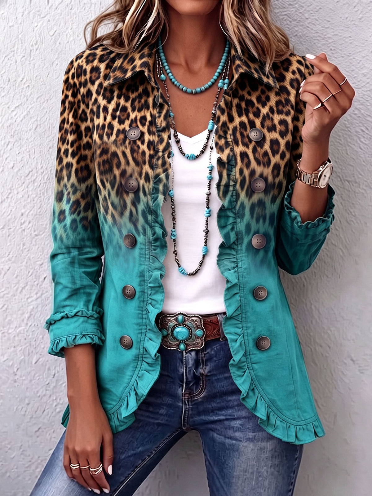 Lapel Collar Leopard Ombre Ruffle Trim Button Blazer